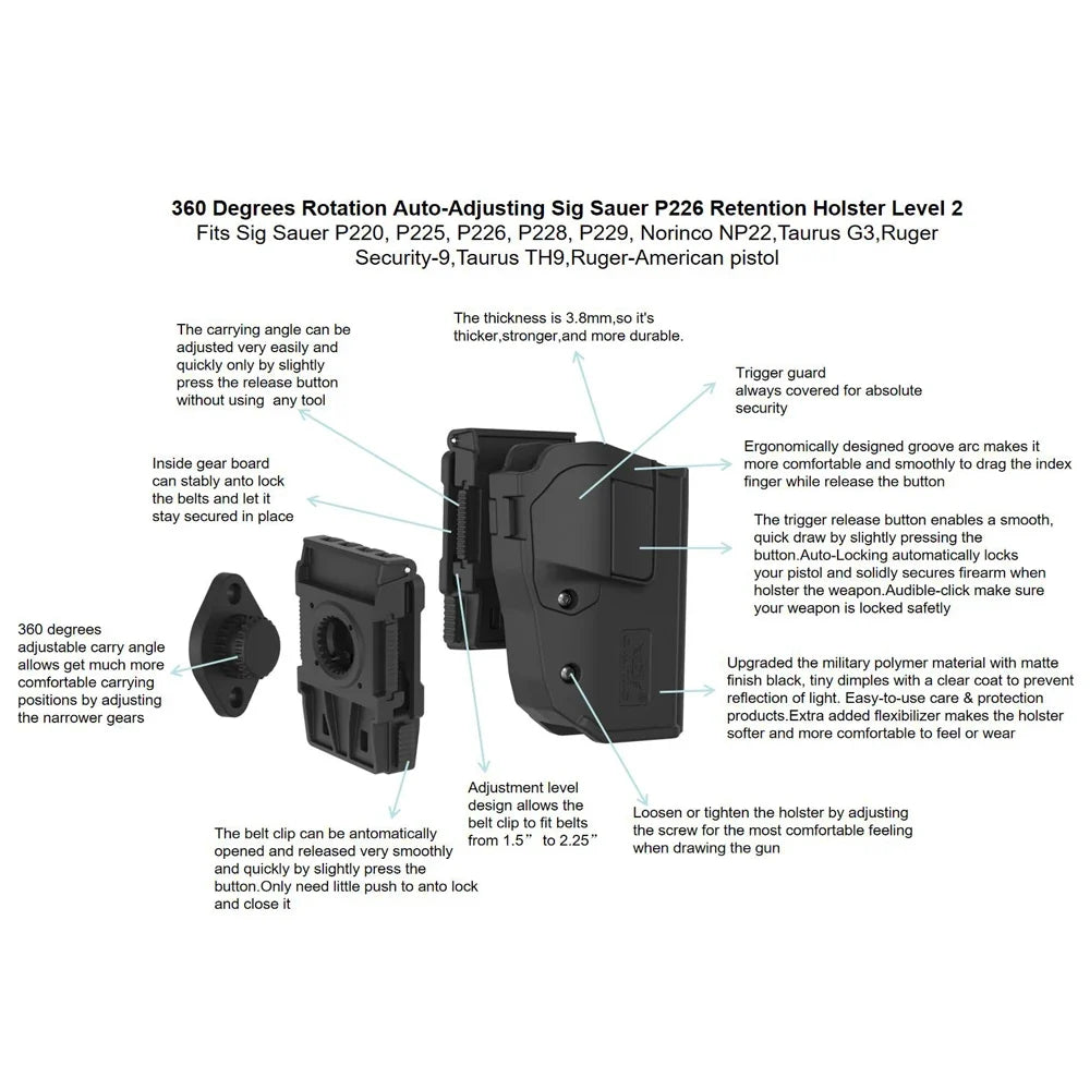 360° Rotating Tactical Holster - Universal Pistol Holder for Sig P320 SP2022 P226 Beretta PX4 Glock 17 19 23
