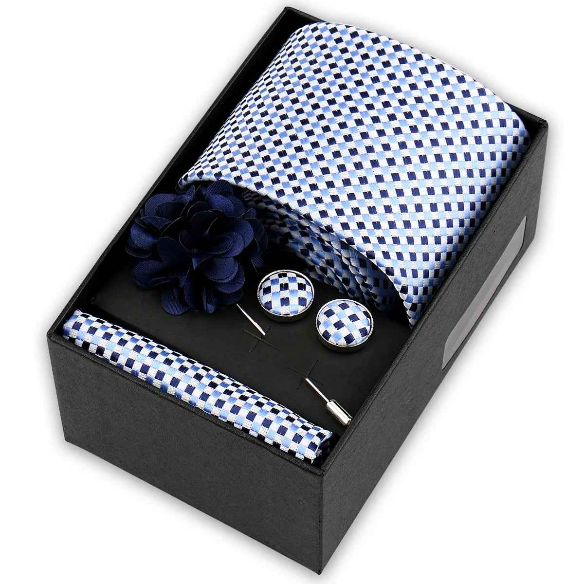 Men’s 4-Piece Tie Set Gift Box - Elegant Necktie with Handkerchief, Cufflinks & Brooch for Business, Wedding & Suit Accessories