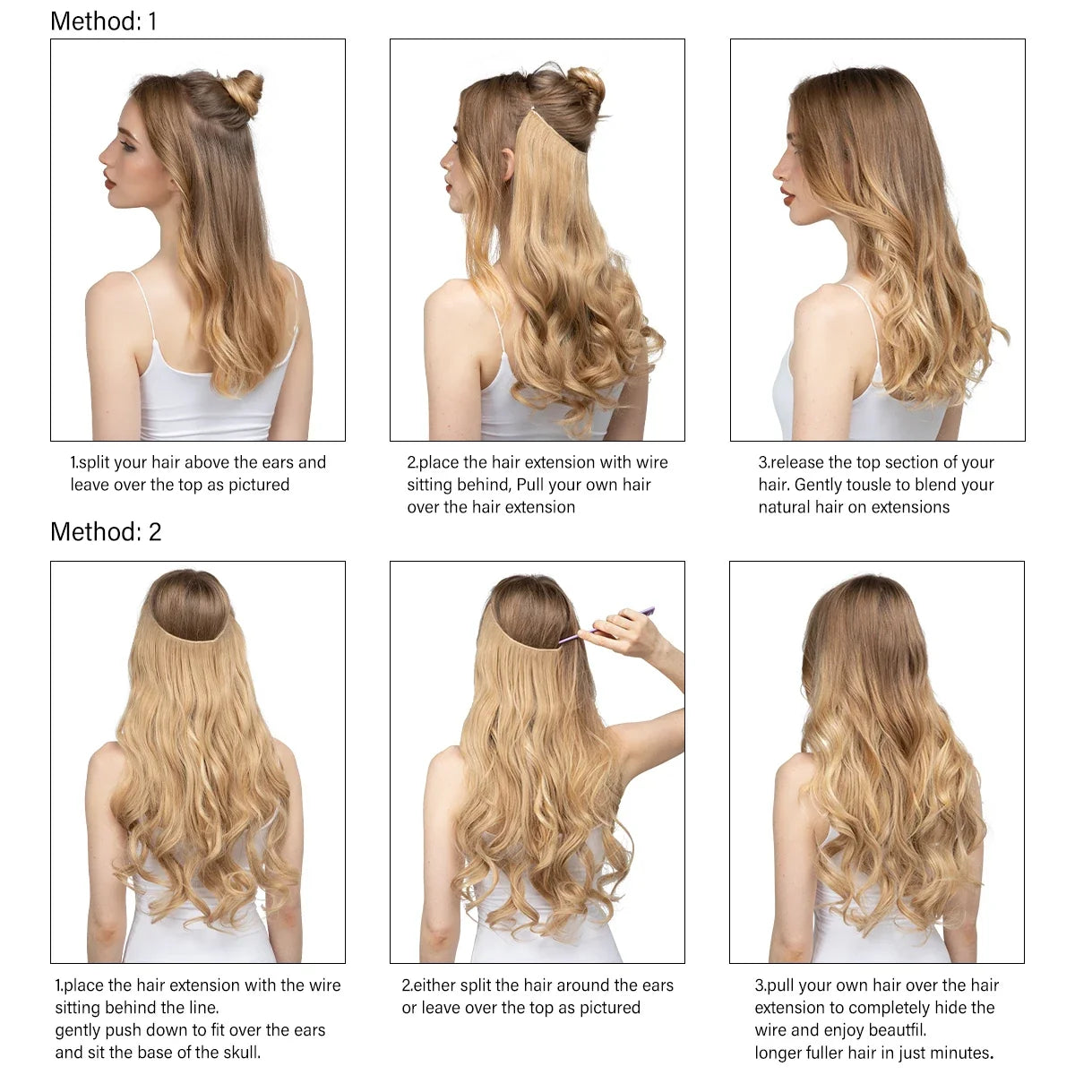Synthetic Ombre Hair Extension - One Piece Invisible Wire Long Wavy Clipless False Hairpiece Black Blonde Pink