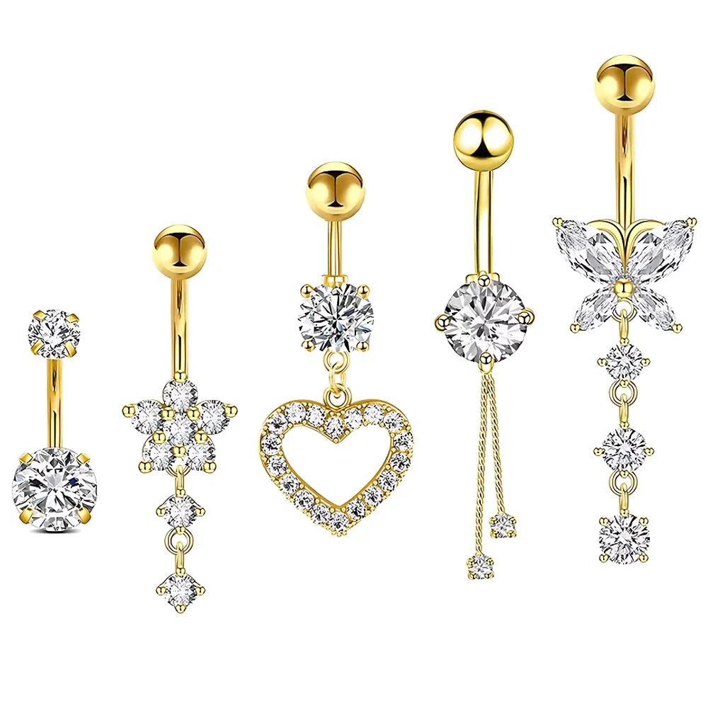 5PCS Belly Button Rings Set – 14G Butterfly & Heart Curved Navel Piercings for Women & Girls Body Jewelry