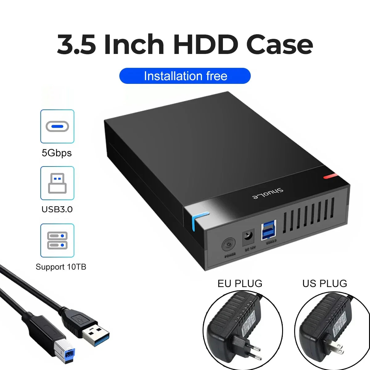 3.5" USB 3.0 to SATA HDD Enclosure — High-Speed External Hard Drive Case, Supports up to 10TB for PC & Laptop