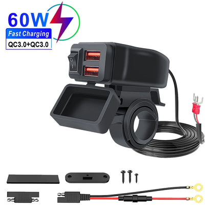60W PD QC3.0 Motorcycle USB Fast Charger - Dual USB Handlebar Socket With Switch Voltmeter Waterproof 12V Power Adapter