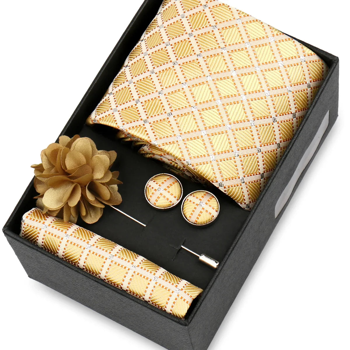 Elegant Men’s Necktie Gift Set - Fashion Tie with Handkerchief, Cufflinks & Brooch Pin Accessories for Business & Wedding