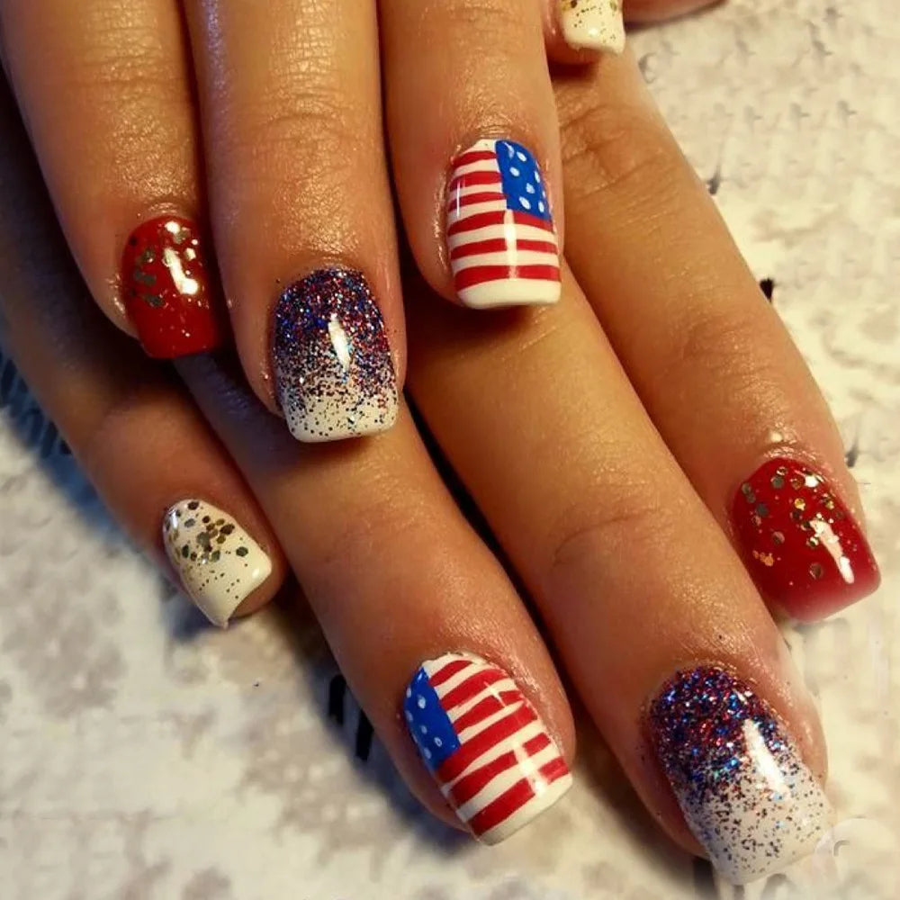 24PCS Star Design Press On Nails - American Red Blue Stripe Gradient Acrylic False Nail Tips for Stylish Nail Art