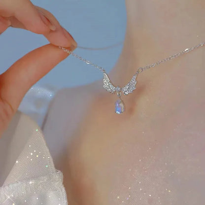 Y2K Crystal Bow Angel Wings Necklace - Heart Pendant Clavicle Chain for Women Trendy Aesthetic Jewelry