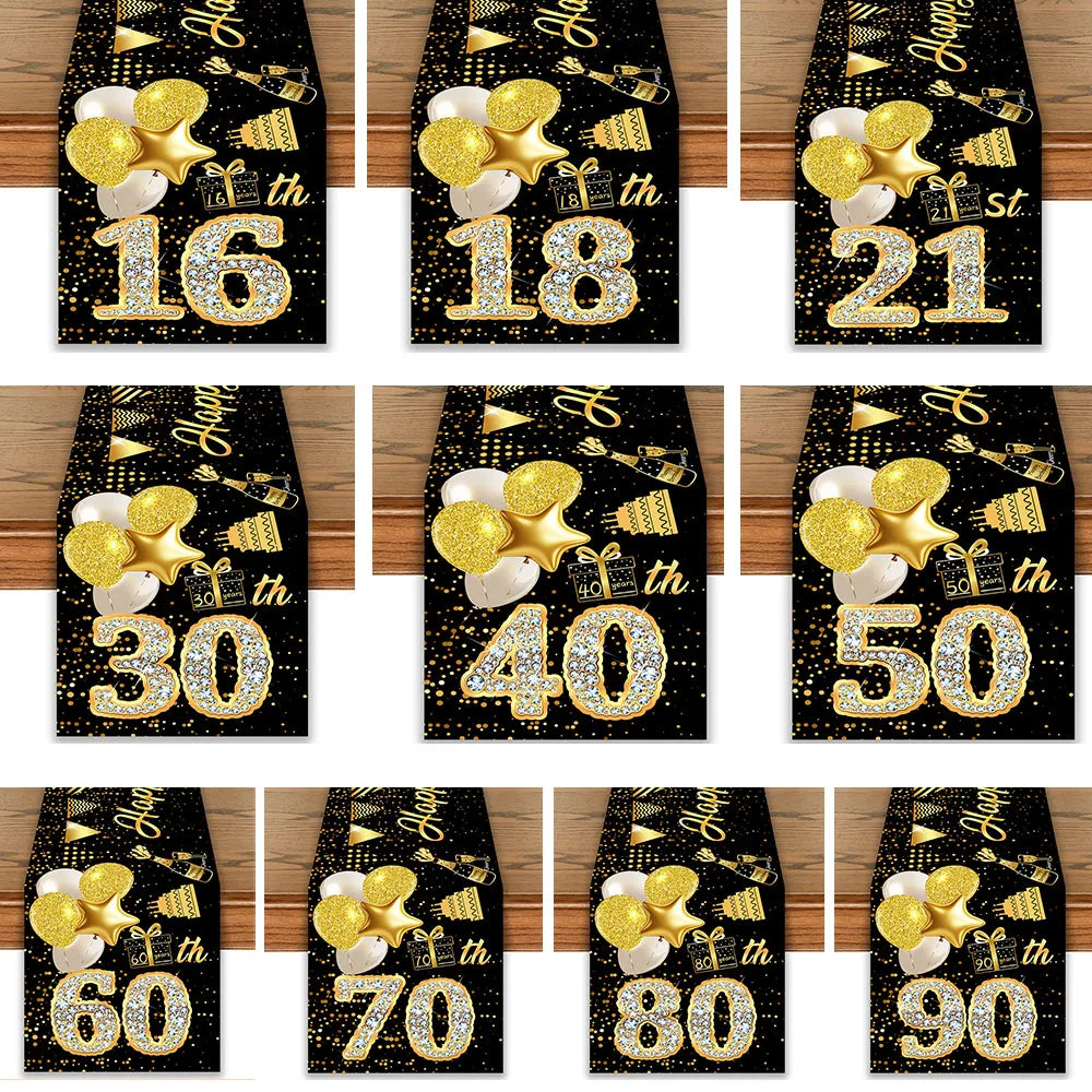 Black & Gold Birthday Table Runner – Polyester Diamond Number Crown Table Cloth for Party Centerpiece Decoration