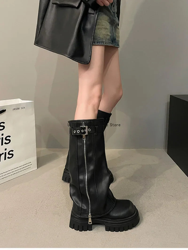 Winter Women's Biker Boots – Fashion Belt Buckle Knee-High Platform Booties