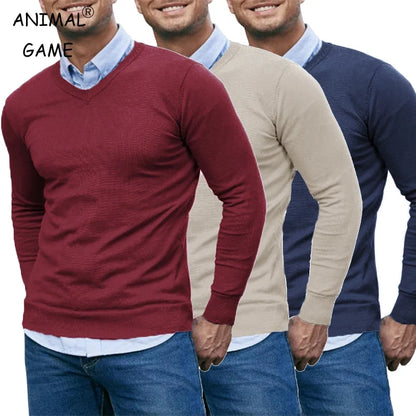 Men's V-Neck Knit Sweater - Soft Lightweight Long Sleeve Slim Fit Casual Pullover Autumn Top