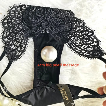 Women’s Lace Embroidered Thong Panties – Beaded Faux Pearl Design T-Back G-String Underwear, Hollow Out Sexy Lingerie Intimates