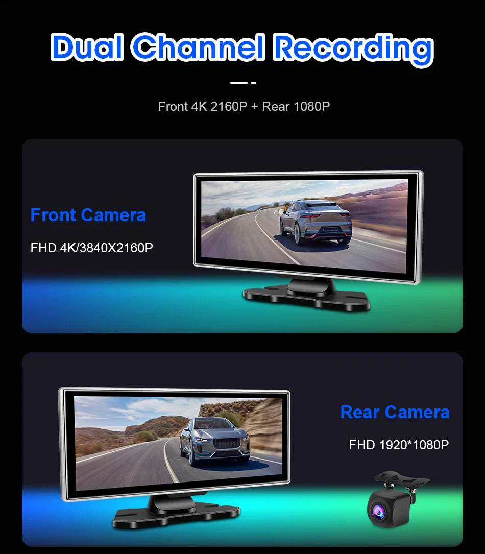 10/11.26" 4K Dash Cam — Dual Lens Car DVR with Wireless CarPlay, Android Auto, GPS & WiFi Video Recorder