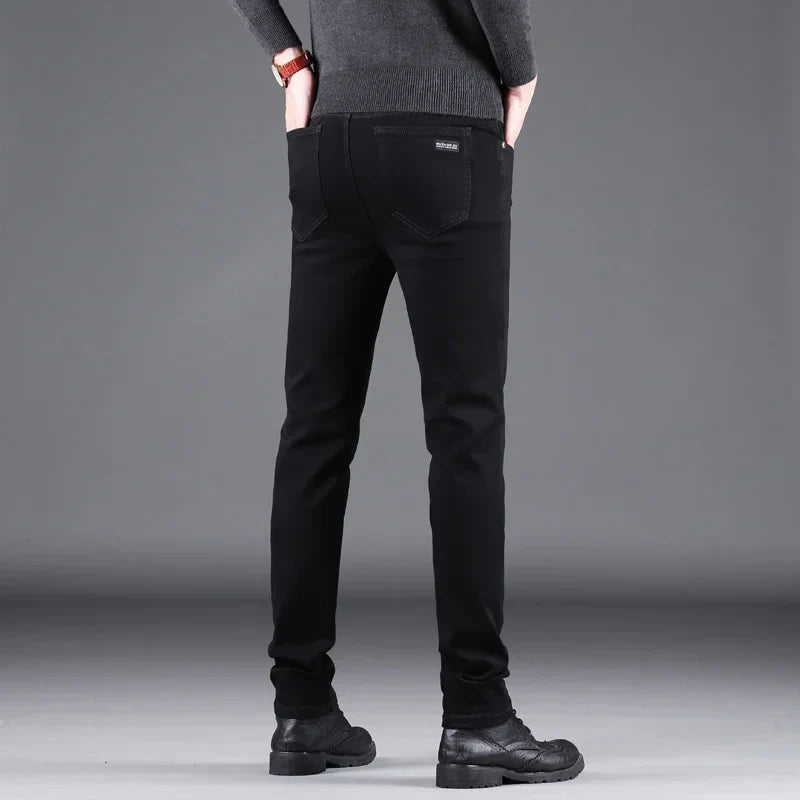 Men’s Spring Autumn Slim Black Jeans — Elastic Straight Korean Vintage Denim Pants for Business & Casual Wear