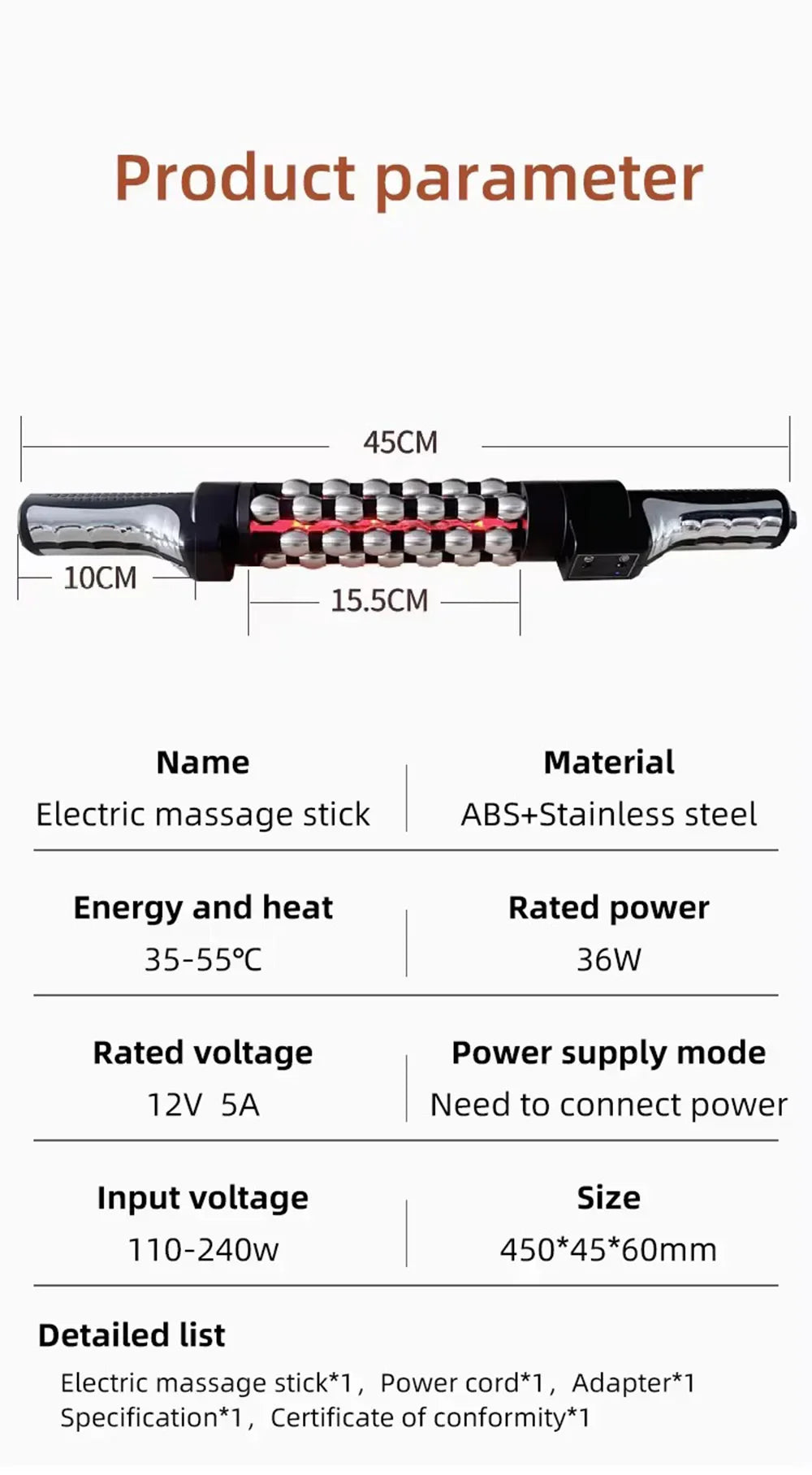36W Red Light Heated Massage Device - 360° Rotating Roll Massager for Body & Anti-Cellulite Treatment