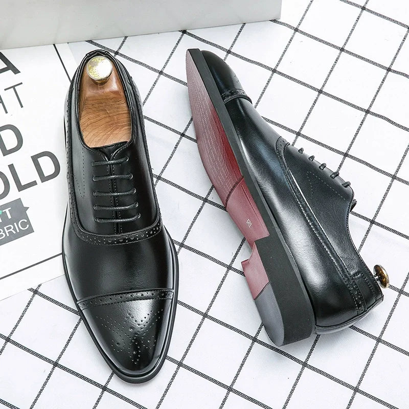 Men’s Red Sole Leather Oxford Shoes - Pointed Toe Lace-Up Business, Office, Party & Wedding Dress Shoes