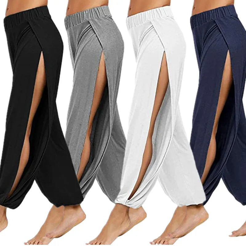 Women's Fashion Yoga Pants: High-Waisted Slit Wide Leg Harem Pants - Gym Leggings for Casual Solid Hollow Workout