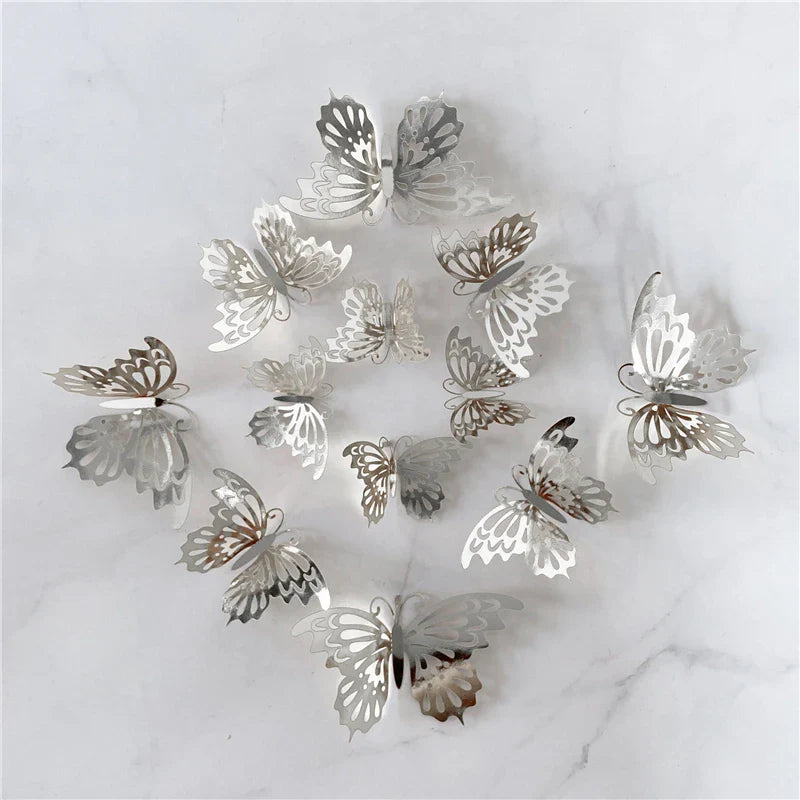 12PCS 3D Hollow Butterfly Wall Stickers – Gold, Silver & Rose Decorative Decals for Wedding, Living Room & Home Decor