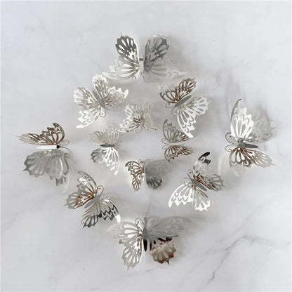 12PCS 3D Hollow Butterfly Wall Stickers – Gold, Silver & Rose Decorative Decals for Wedding, Living Room & Home Decor