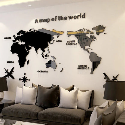 3D Acrylic World Map Wall Stickers – Three-Dimensional Mirror Decals for Bedroom & Office Decoration