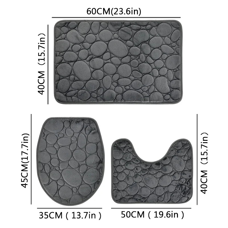 Solid Color Bathroom Floor Mat Set – Water-Absorbing, Non-Slip Stone Pattern, Comfortable & Soft 3-Piece Set