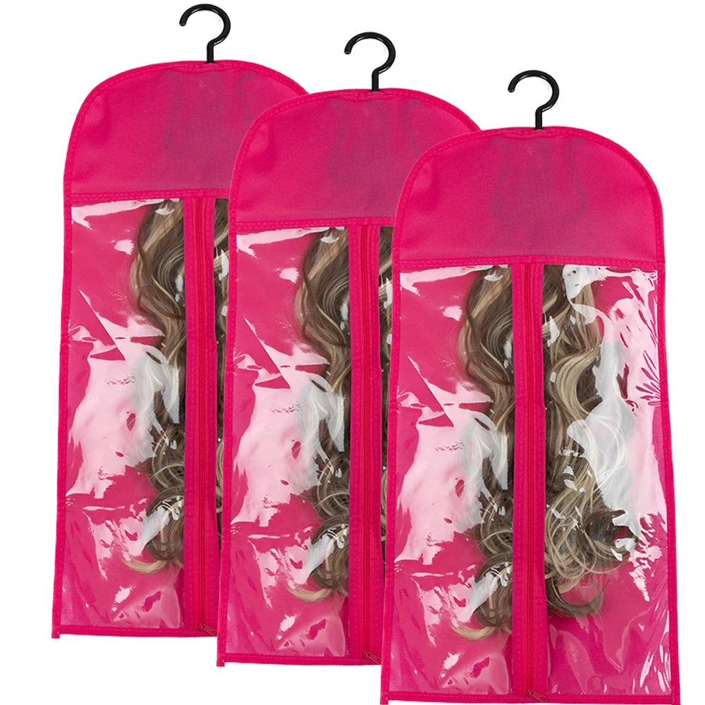 3pcs Premium Wig Storage Bags with Sturdy Metal Hangers - Black Transparent Design for Multiple Wigs & Hair Extensions