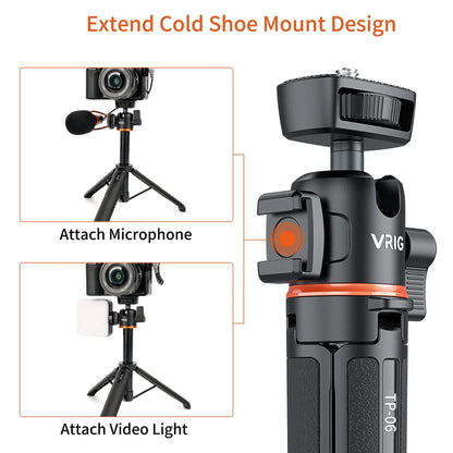 VRIG TP-08 TP-06 Tripod Stand Selfie Stick – Aluminum Alloy with 1/4 Inch Screw, Cold Shoe Mount & 360° Rotation, 1.5kg Load Capacity
