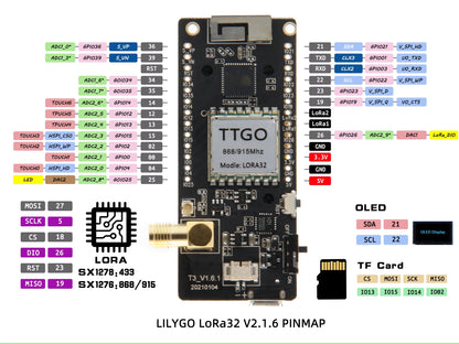 LILYGO TTGO Meshtastic LoRa32 ESP32 Development Board — SX1276/1278 Module 433/868/915MHz with 0.96" OLED, Low Power LoRa Module