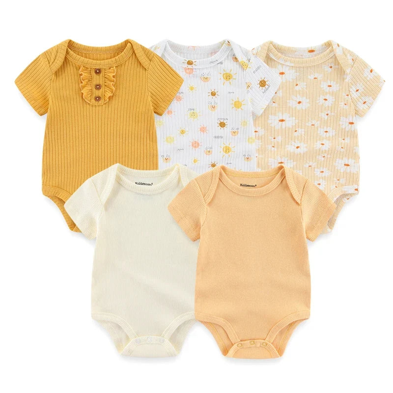 5PCS Newborn Baby Bodysuit Set - Soft Cotton Unisex Baby Clothes with Cartoon Print for Boys & Girls