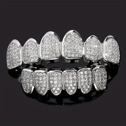 HipHop CZ Teeth Set – Unisex Gold & Silver Top/Bottom Mouth Caps, Removable Dental Fashion Jewelry