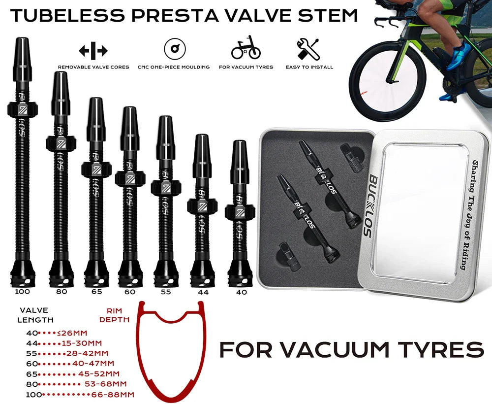 BUCKLOS Tubeless Presta Valves 40–100mm — Aluminum Alloy Bike Valve Stem for Road & MTB
