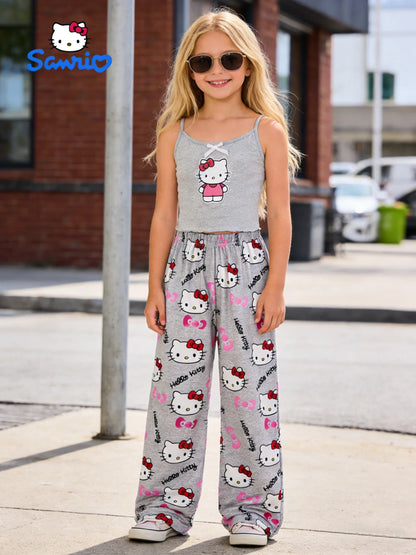 Girls Sanrio Hello Kitty Pants Set - Summer Tank Top & Wide Leg Casual Pants for Outdoor and Home Wear