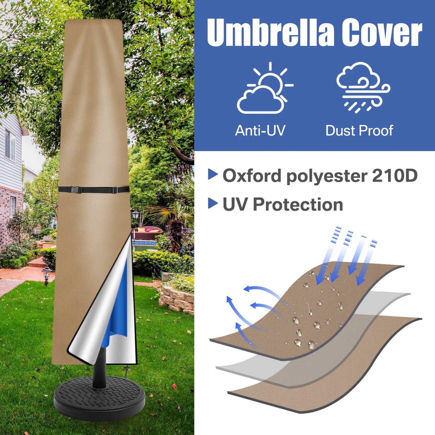 Waterproof Oxford Cloth Patio Umbrella Cover – UV Resistant, Windproof Outdoor Parasol Protector with Zipper & Pole for Garden Use
