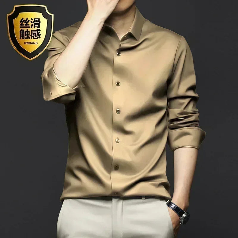 Men’s Luxury White Dress Shirt - Wrinkle-Resistant Ice Silk Glossy Long Sleeve Business Casual Shirt S-6XL