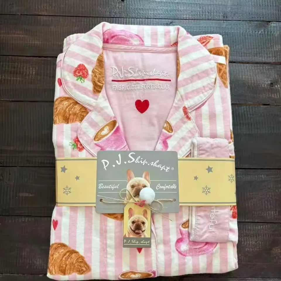 Women's Winter Cartoon Pajama Set - Warm Cotton Wool Sleepwear Long Sleeve Homewear