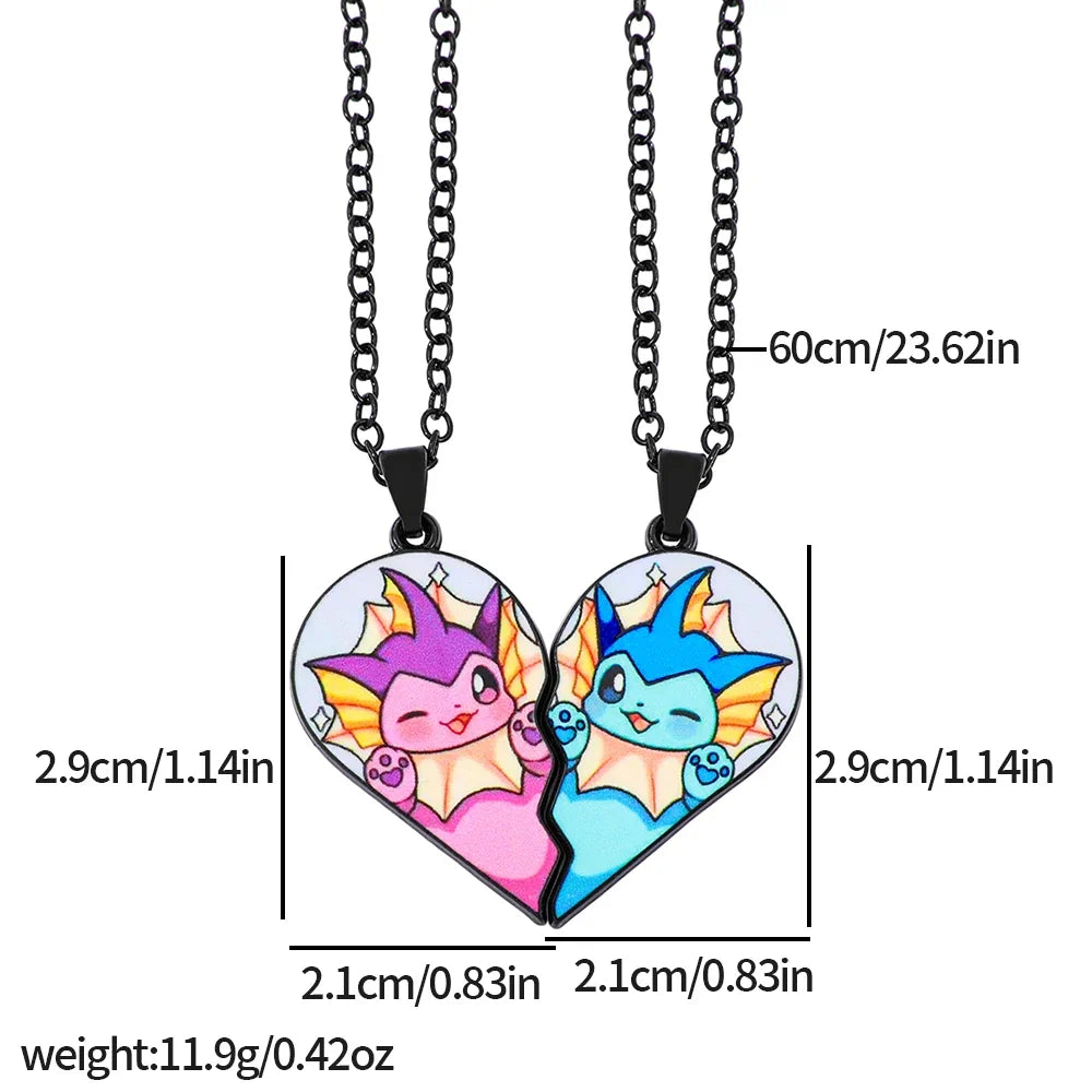 Eevee Pendant Necklace - 2-Piece Cute Cartoon Heart Patchwork Anime-Style Metal Jewelry Set