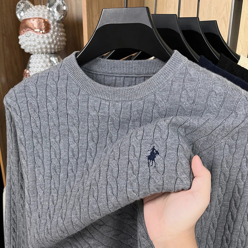 Men's Luxury Embroidered Knit Sweater - Long Sleeve Round Neck No-Pilling Casual Spring Pullover Top