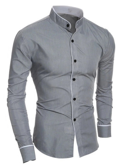 Men’s Stand Collar Long Sleeve Shirt - Slim Fit Solid Color Button Down Shirt for Spring & Autumn