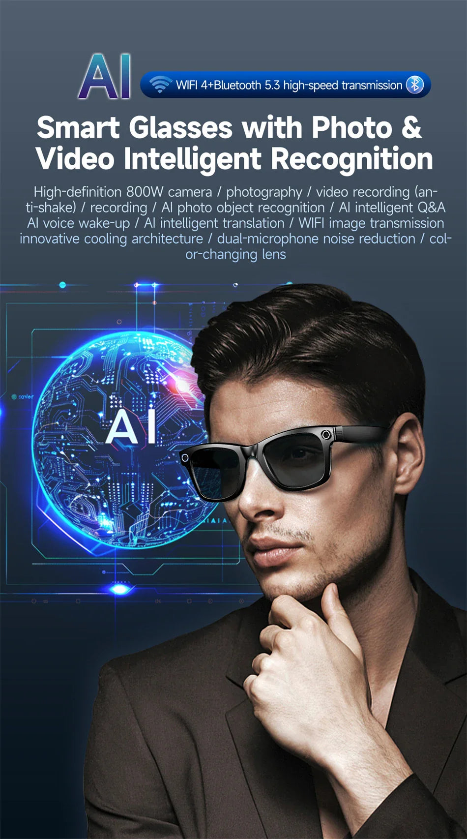 LIGE Smart Glasses — AI Camera Sunglasses with BT Call, Music, Touch Control, Voice Assistant, Video & Sound Recording, WiFi Transmission