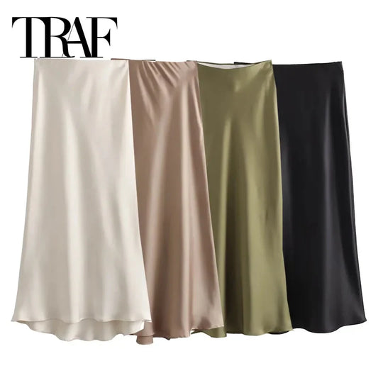 TRAF Women’s 2024 Satin Skirt — High Waist Black Midi Summer Skirt, Elegant Office Long Skirt for Women
