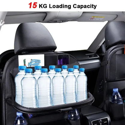 Car Seat Back Organizer with Foldable Table Tray – PU Leather Storage with Pockets, Kick Mats & Interior Accessories