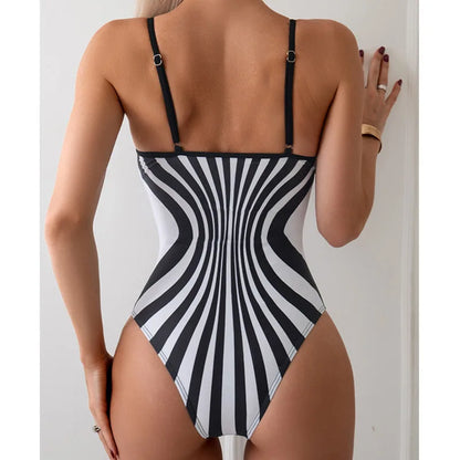 Striped Push Up One Piece Swimsuit - Women's Closed Body Bathing Suit Summer Beach & Pool Swimwear