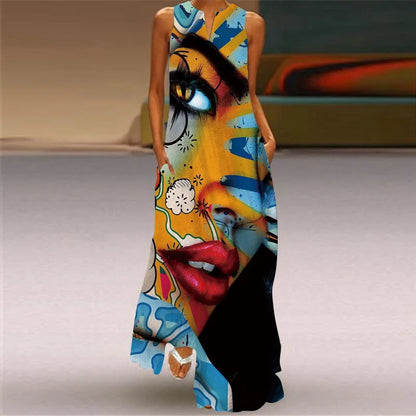 Vintage Boho Maxi Dress - Women's Summer V Neck Sleeveless Long Sundress with Pockets