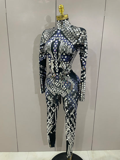 Sexy Shiny Silver Sequin & Black Spandex Jumpsuit — 2025 Women’s Prom, Dancer & Stage Performance Costume