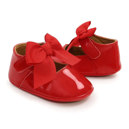 Meckior Baby Girl Shoes – Bowknot PU Ballet Slippers with Rubber Anti-Slip Sole, First Walker Toddler Crib Dress Shoes