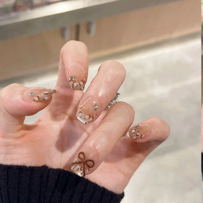 10Pcs Pink Handmade Press-On Nails – Short French Style with Flowers, Butterflies & Rhinestones, Full Cover Nail Tips