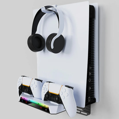 PS5/PS5 Pro/Slim Wall Mount Kit – RGB Light Stand with Charging Station & Headset Hanger for Dual Controllers
