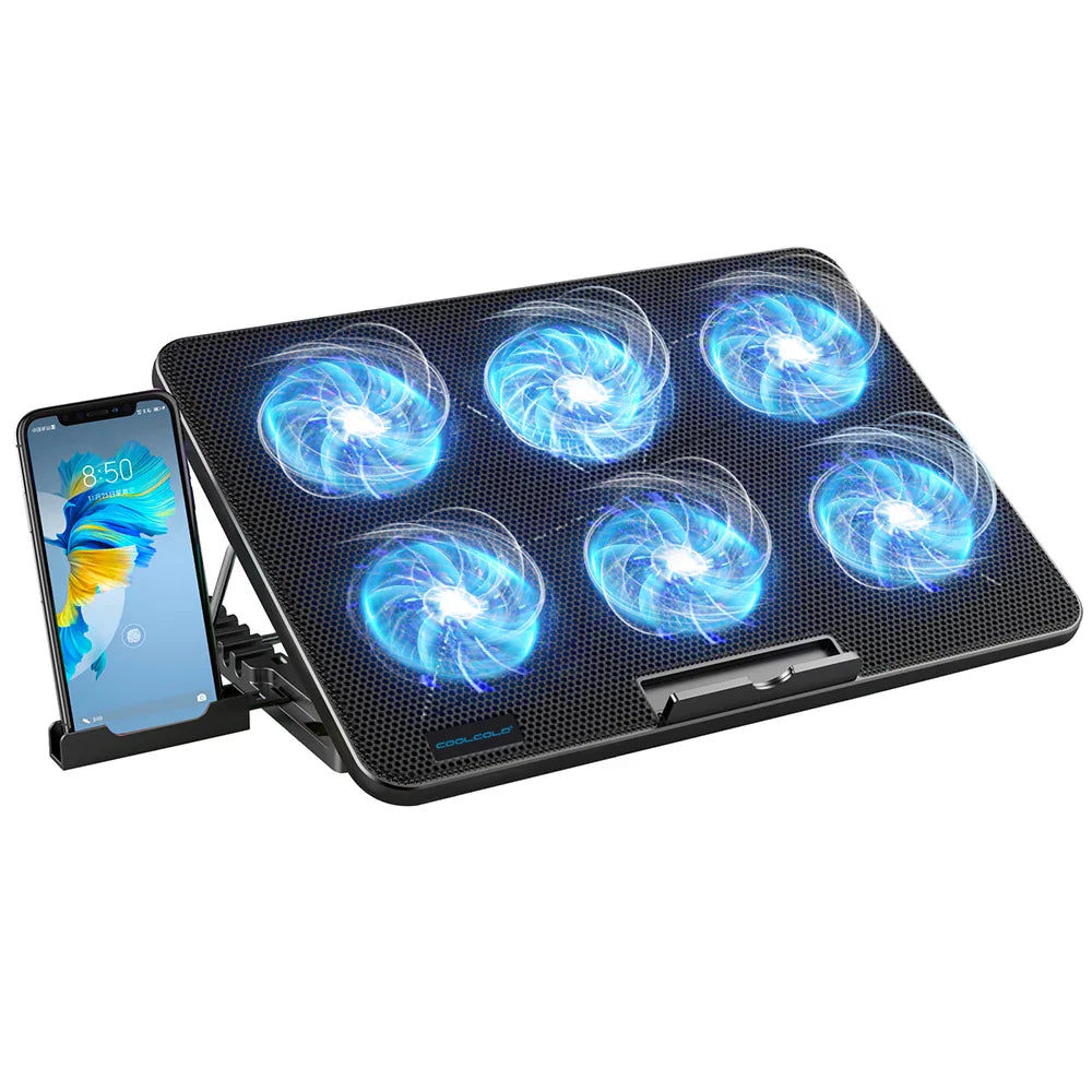 Coolcold 15.6–17.3 Inch Laptop Cooling Pad with 6 Quiet Fans, 7-Level Height & Wind Speed Adjustment, Laptop Cooler with Mobile Phone Holder