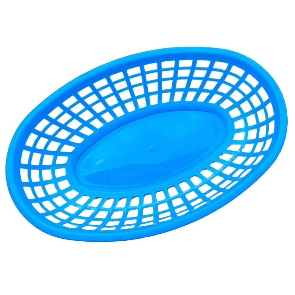 Fries Burger Serving Baskets - Colorful Oval Plastic Food Trays for Fast Food, Hot Dogs, Snacks & Reusable Restaurant Service