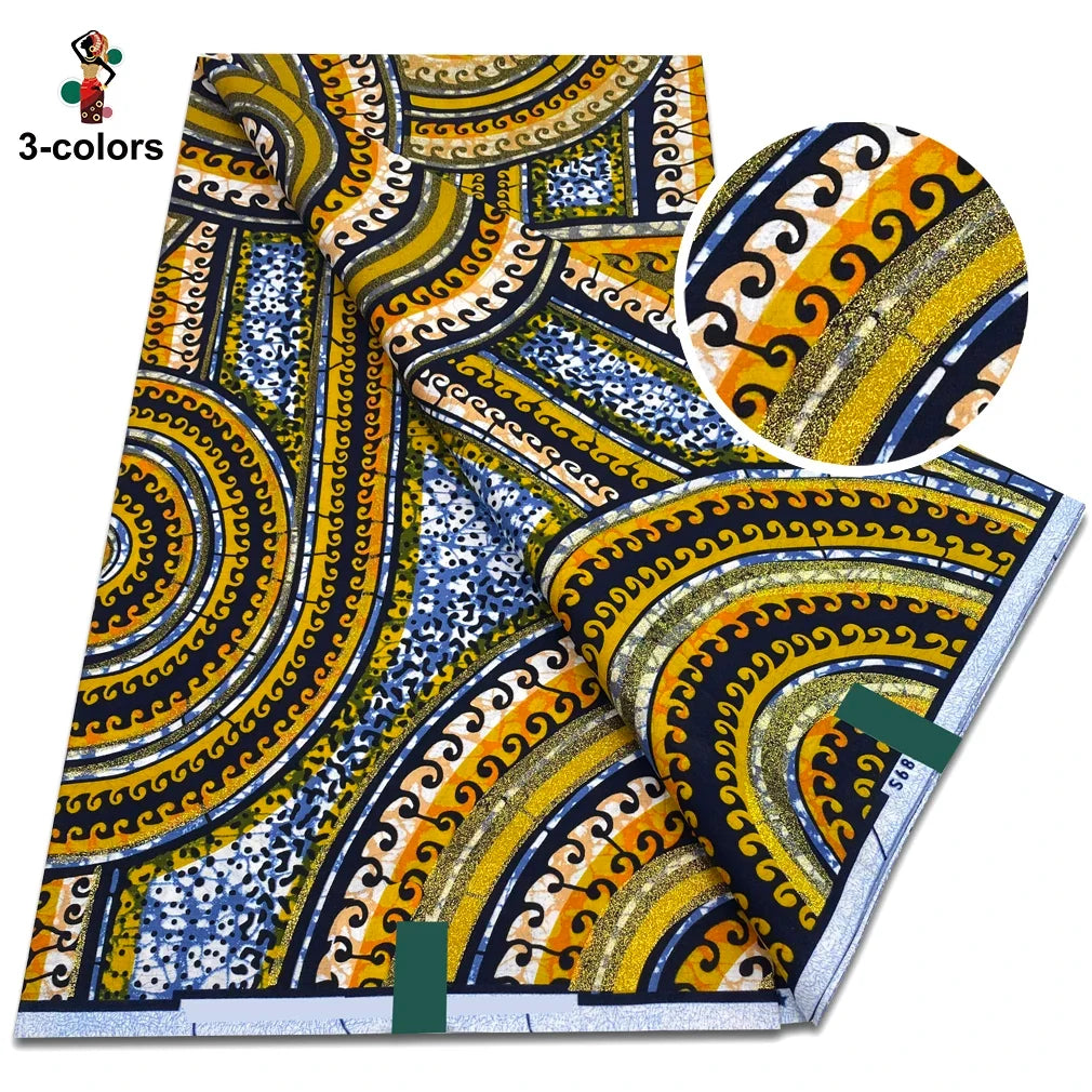 African Glitter Glam Wax Fabric - 100% Cotton Golden Ankara Print 6 Yards