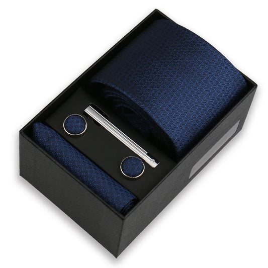 Men's Tie & Cufflink Gift Set - 8cm Necktie Handkerchief Clip Box for Formal Business Suits