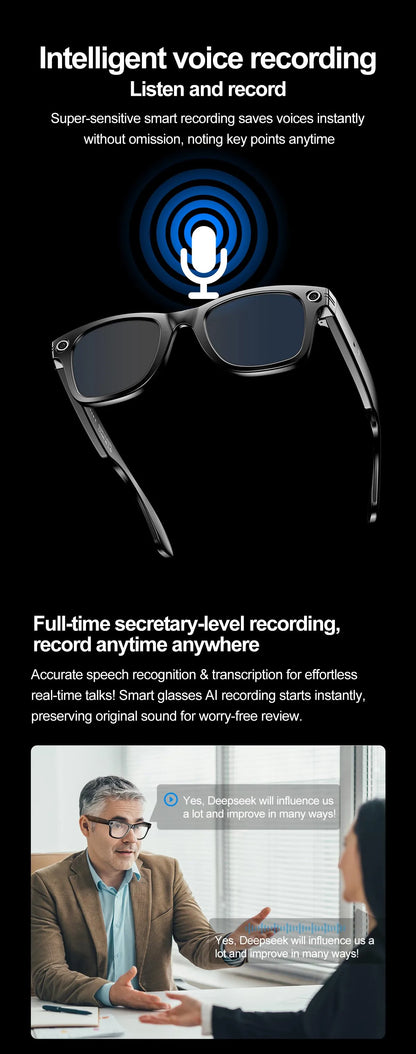 Smart AI Glasses — Video Recording, Photo Recognition, Translation, Bluetooth with 260mAh Battery, IP65 Waterproof