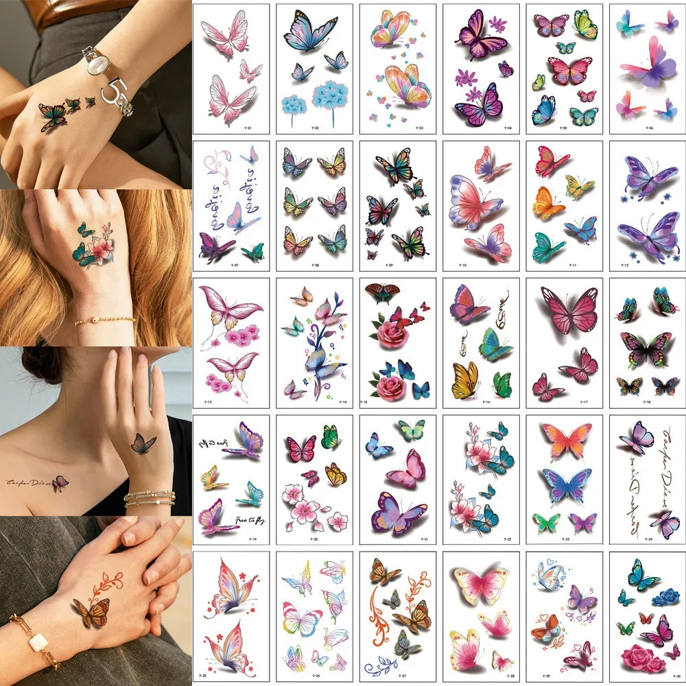 30pcs Black Temporary Tattoo Stickers - Flower Butterfly Rose Moon Star Mandala Designs for Hand, Chest & Body Art